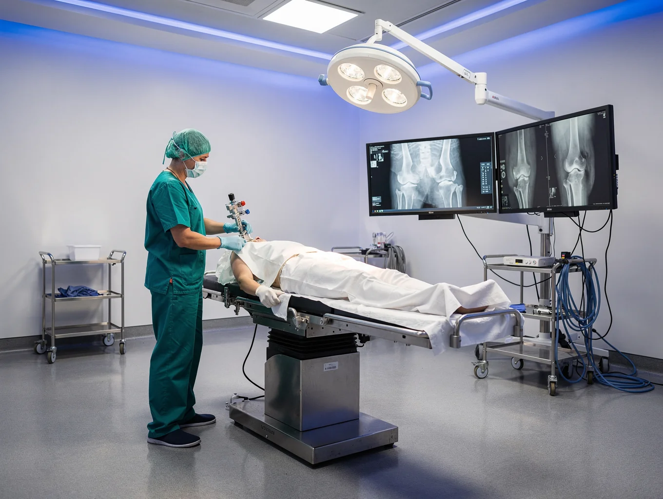 Orthopedic surgeon preparing joint restoration instrumentation